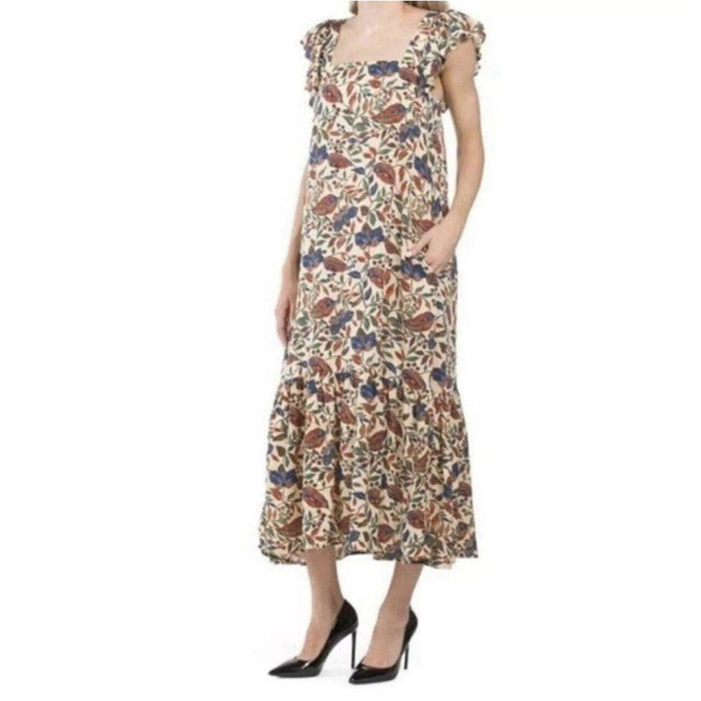 House Of Harlow Dress Sz M Tan Maxi Fall Tiered‎ Prairie CottageCore Easter EUC